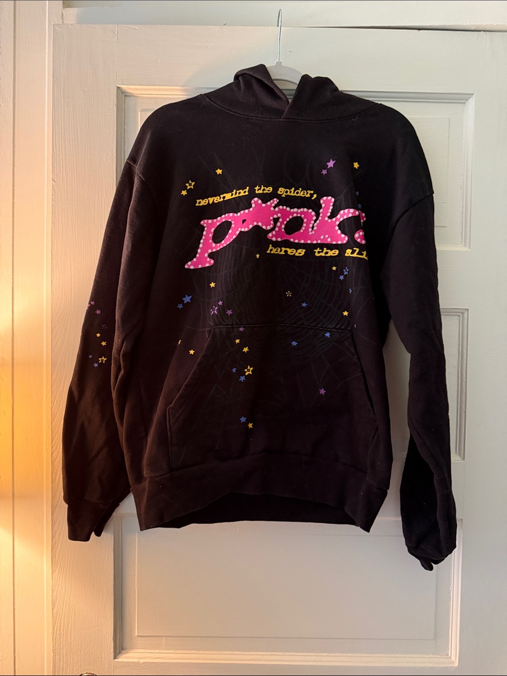Black Pixie Graphic Pullover Hoodie with Pink Script